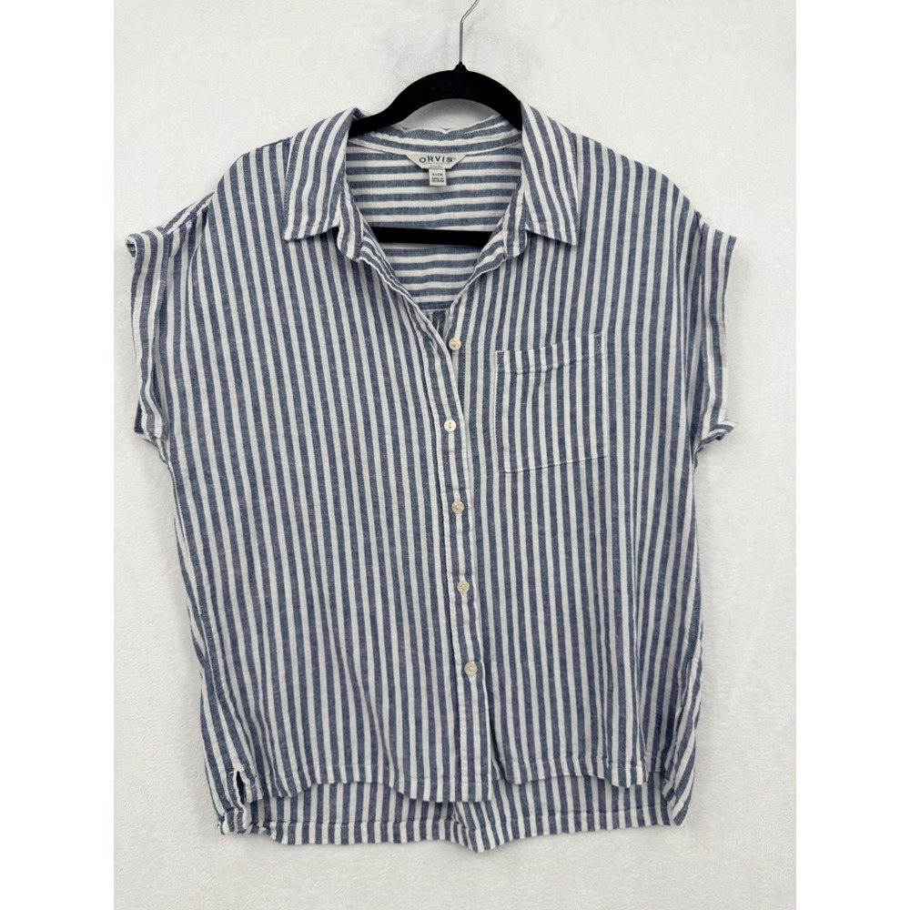 Orvis S Blue White Striped Linen Blend Button Up Cap Sleeve Shirt Everyday
